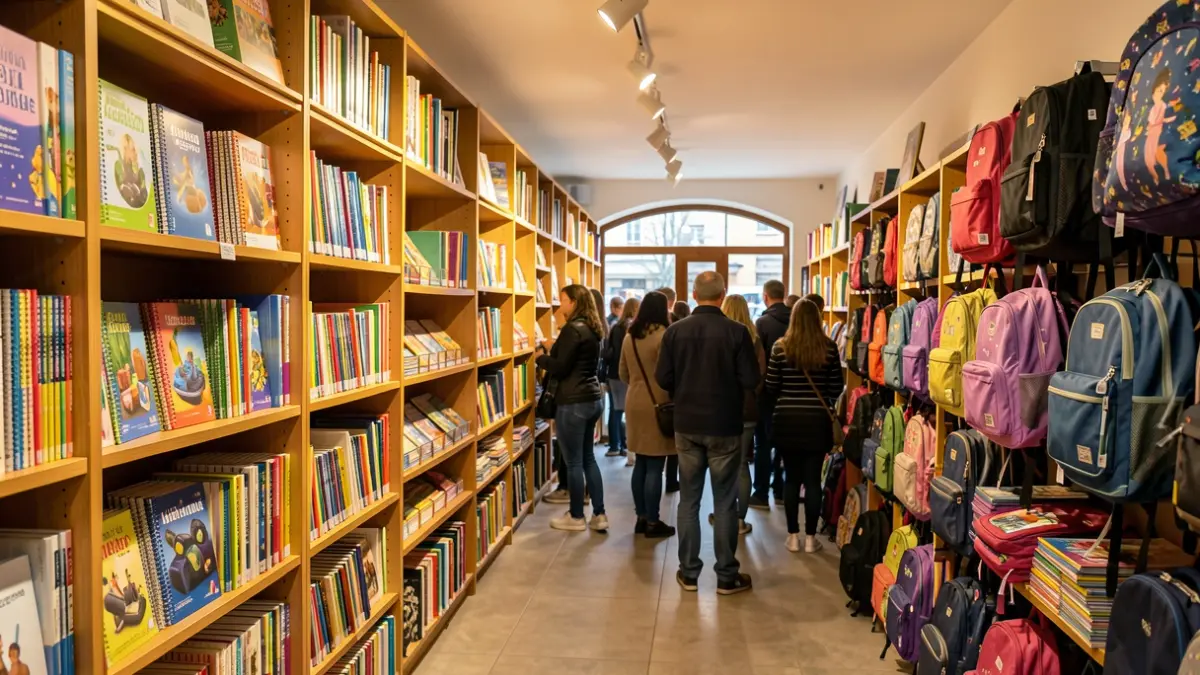 Irudi generiko bat Bergara hiriko eskola material denda baten barrualdea erakusten duena, koadernoak, boligrafoak eta motxilak dituzten apalekin. Argiztapen epela eta atsegina. Ez da pertsonarik ikusten.