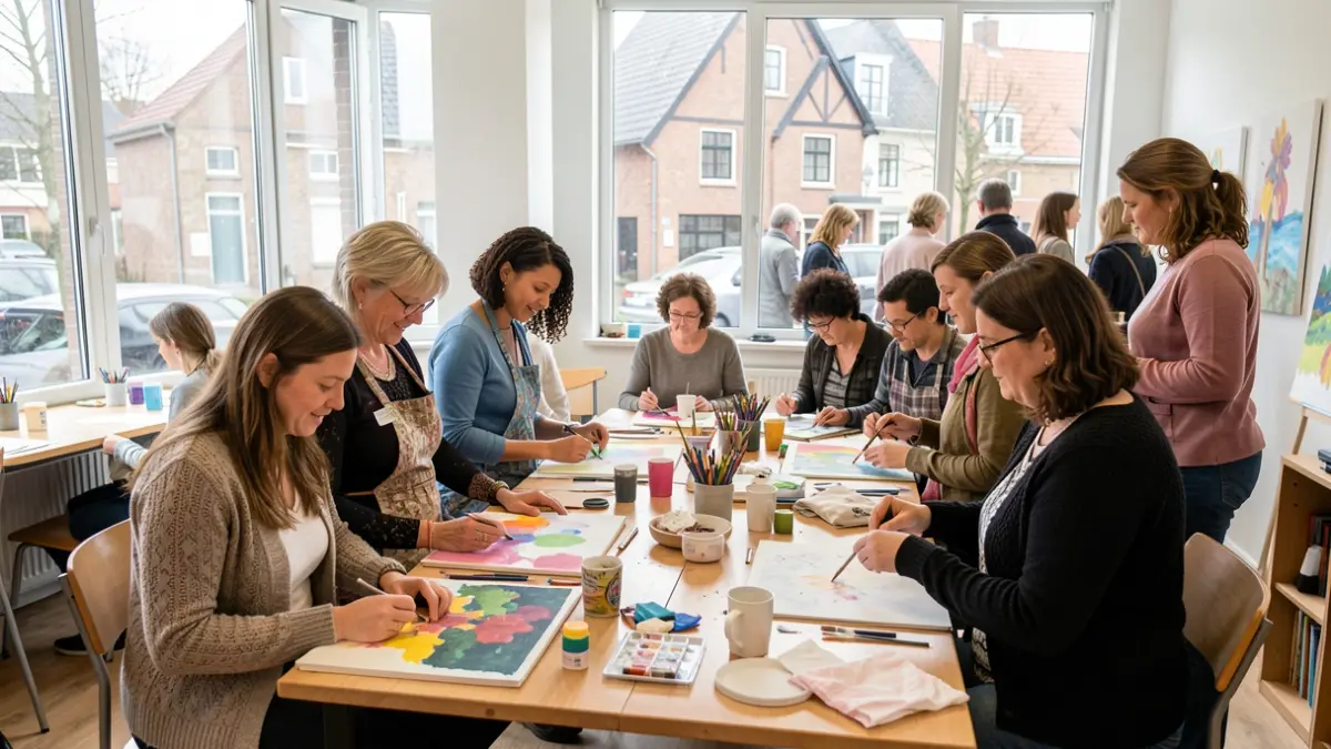 Grupo diverso de mujeres participando en un taller, involucradas en actividades creativas.