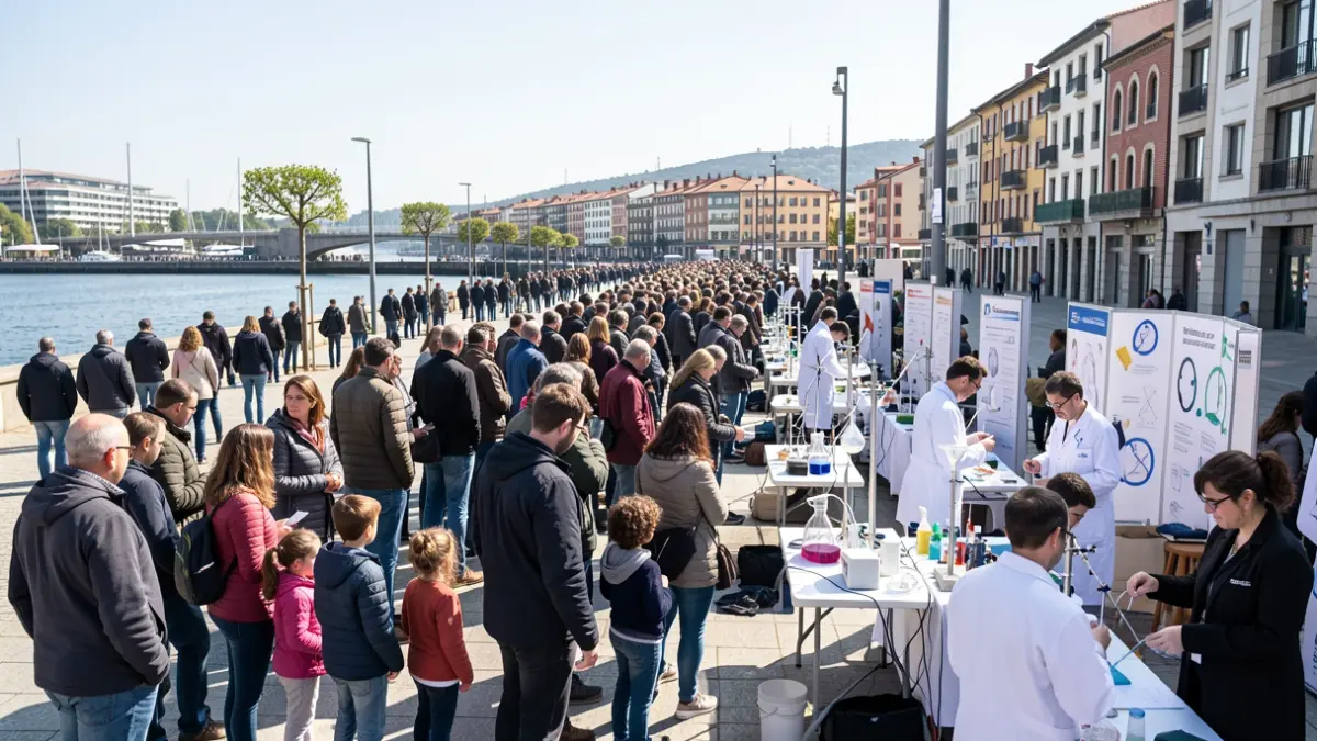 Imagen genérica: una multitud diversa, incluyendo familias con niños, en el paseo del Arenal de Bilbao participando en una feria de ciencia.