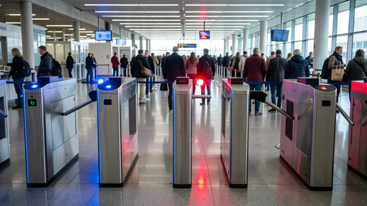 Generic image: automated border control gates at a port, with blurred passengers in the background and blue and red security lights.