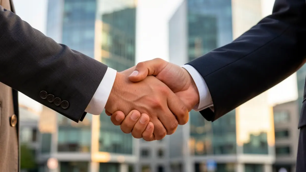 Generic image: a handshake between two business people, with a background of modern office buildings.