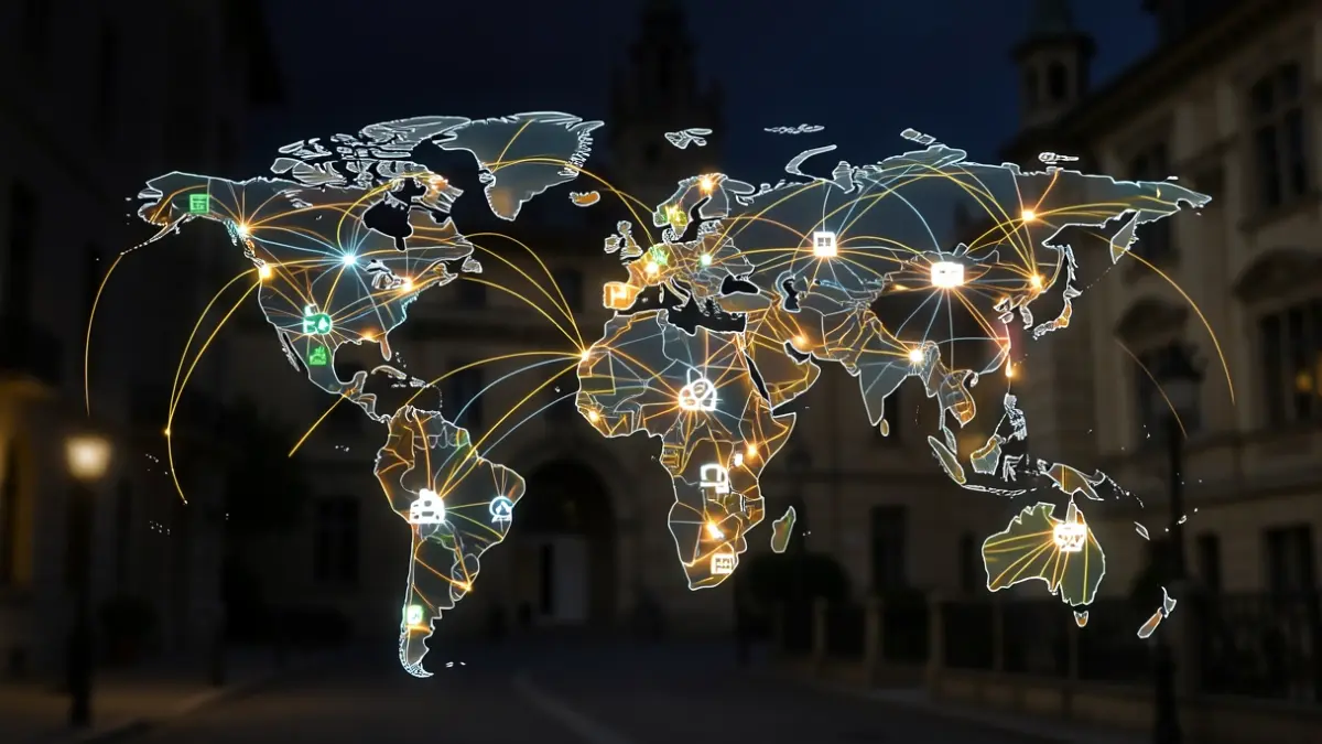 Irudi generiko bat berrikuntza eta konexio globalari buruzkoa, puntu desberdinak lotzen dituzten lerro distiratsuekin.