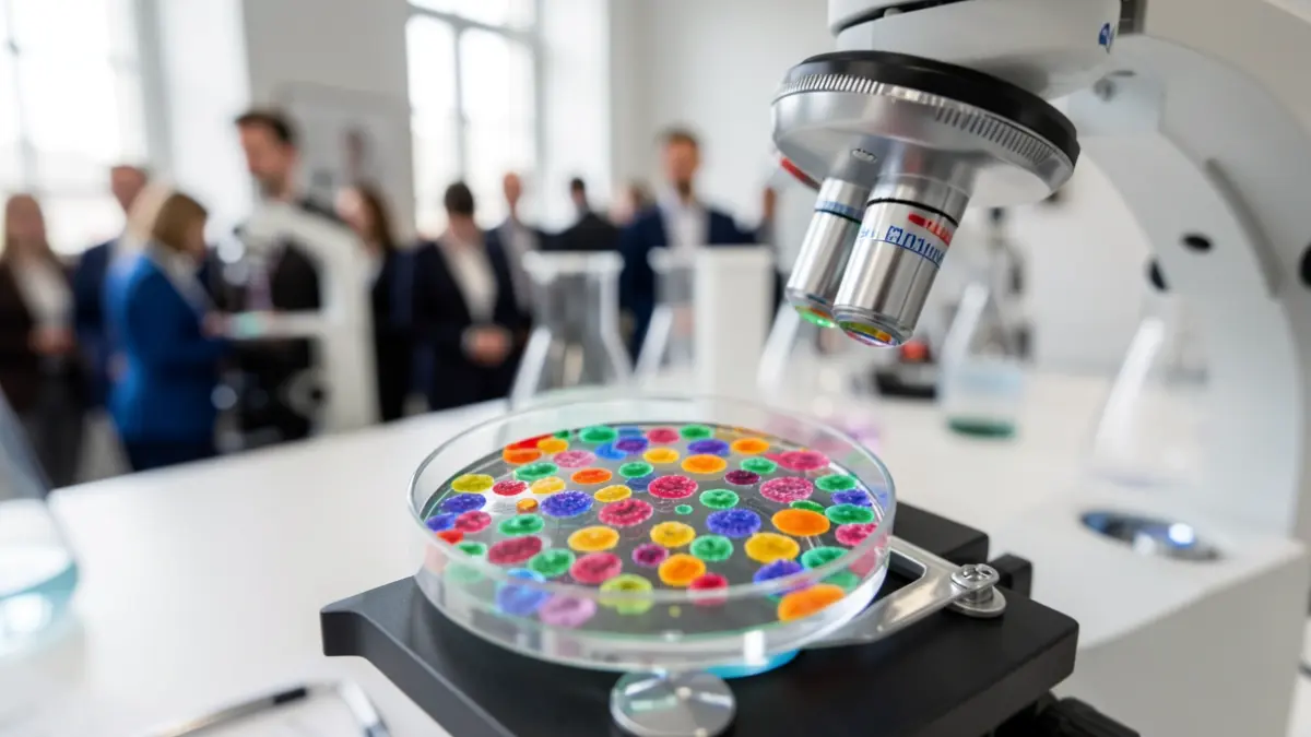 Imagen de un microscopio con células enfocadas, rodeado de equipo de laboratorio desenfocado.