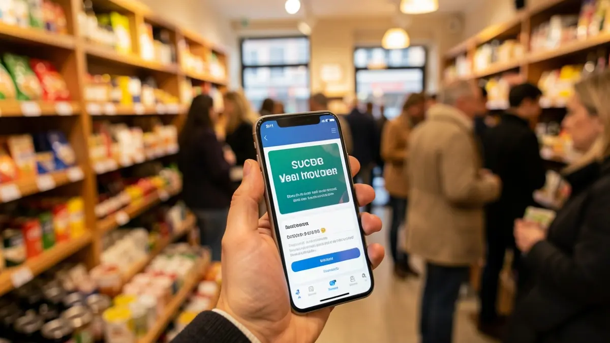 Denda barruko argazki lauso batean telefono mugikor bat erakusten duen eskua, non erosketa-bonu digital bat agertzen den.