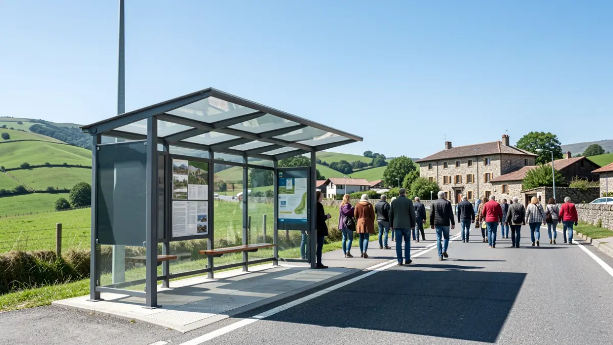 Imagen genérica: Marquesina de autobús Bizkaibus moderna, con el paisaje verde del País Vasco y arquitectura tradicional al fondo.