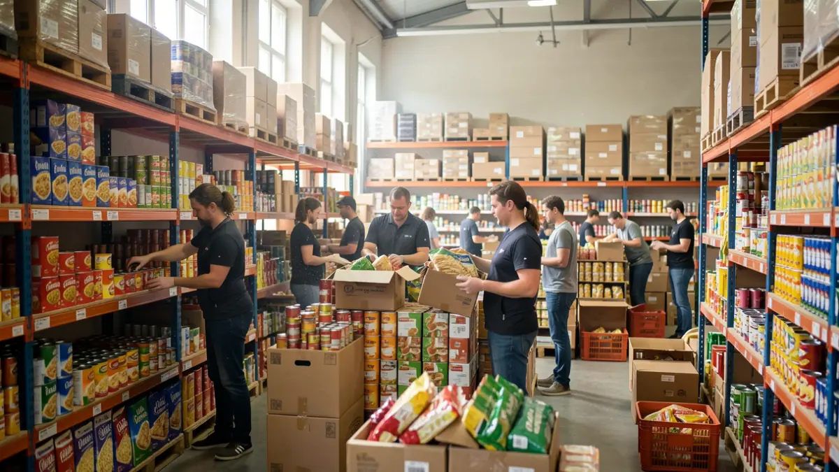 Imagen genérica de voluntarios organizando productos alimenticios.