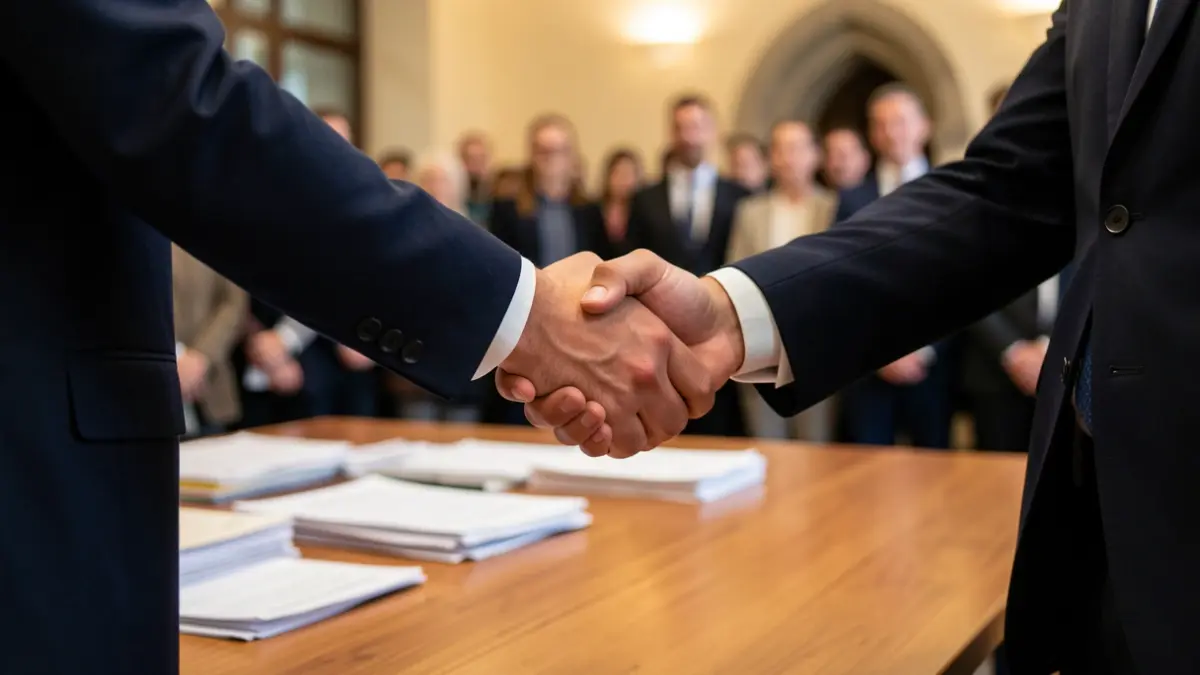 Imagen genérica de dos personas sellando un acuerdo de negocios, con un sutil elemento arquitectónico de Euskadi.