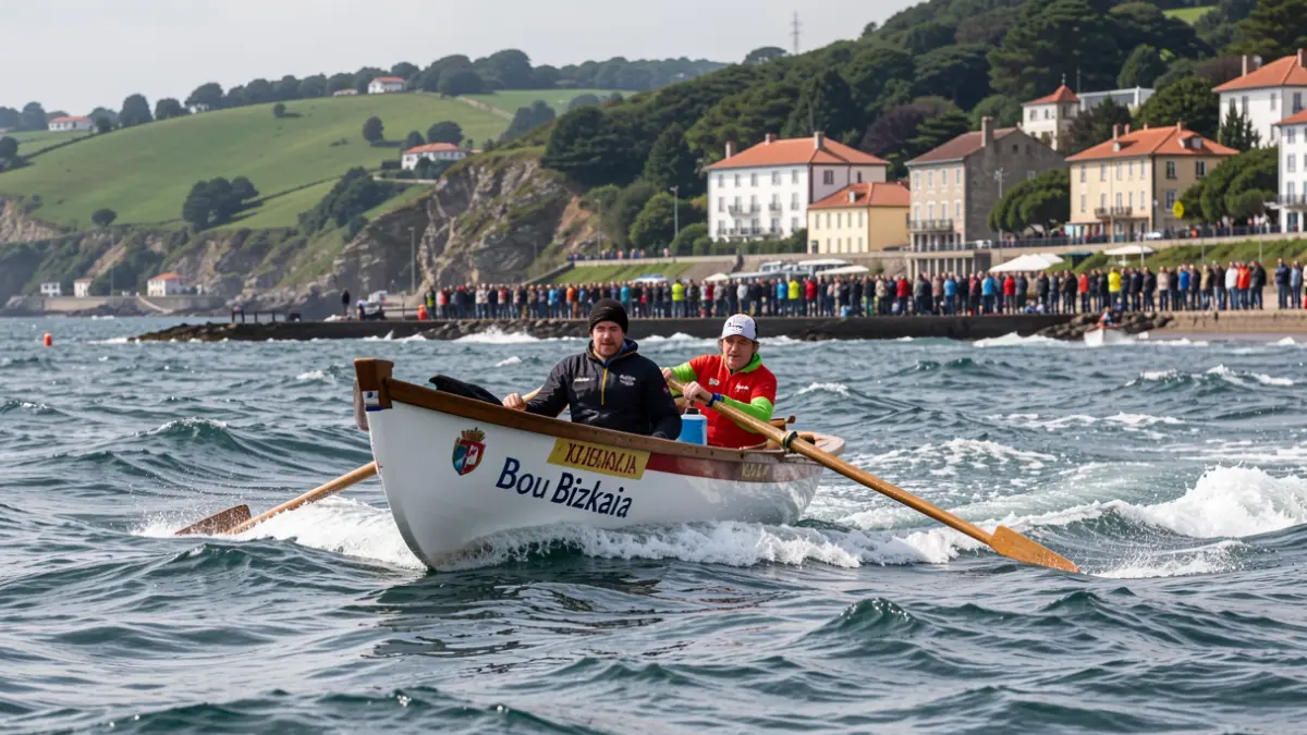 La trainera 'Bou Bizkaia' compitiendo en el mar Cantábrico, con el paisaje del País Vasco al fondo.