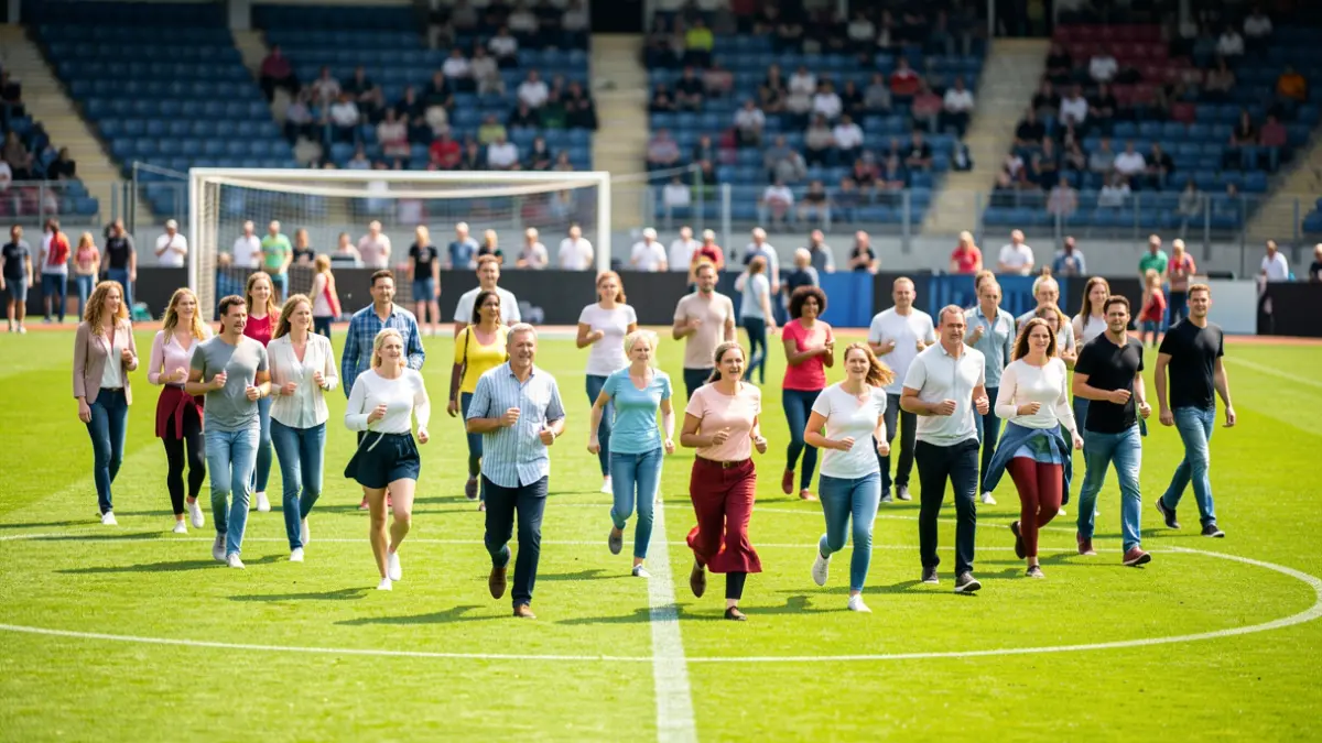 Irudi generikoa: jende talde bat futbol zelai berde batean korrika eta oinez, estadioaren eserlekuak atzealdean lausotuta.