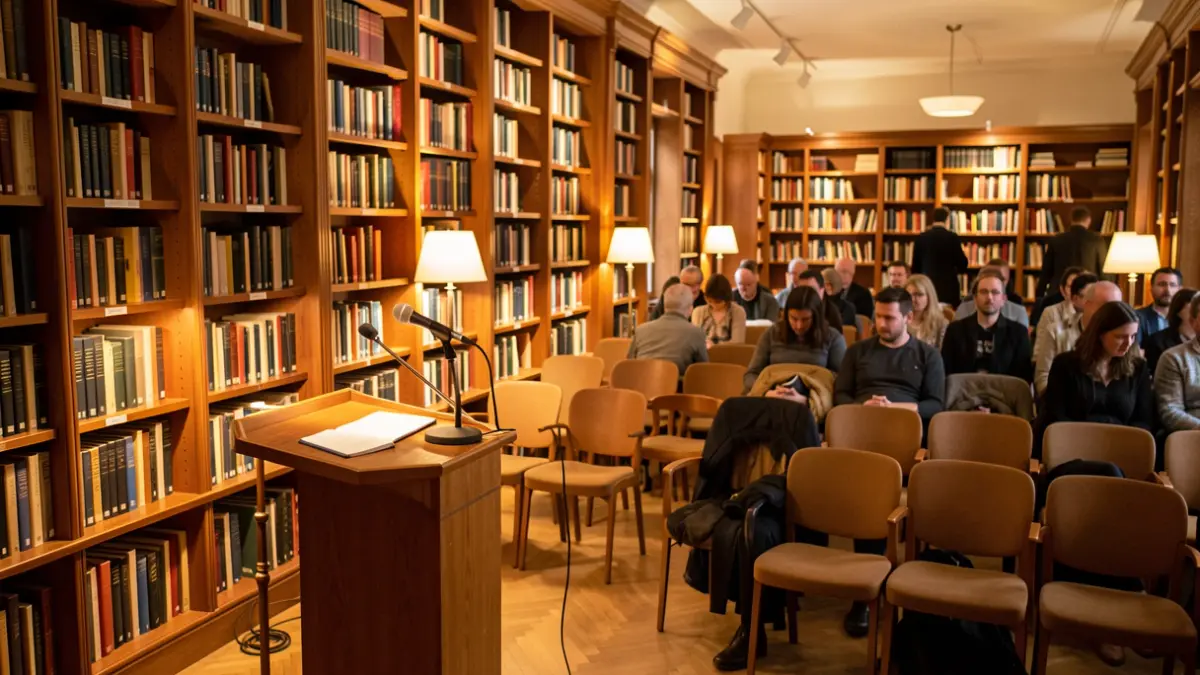 Imagen genérica de un evento cultural, interior de una biblioteca con un micrófono visible.