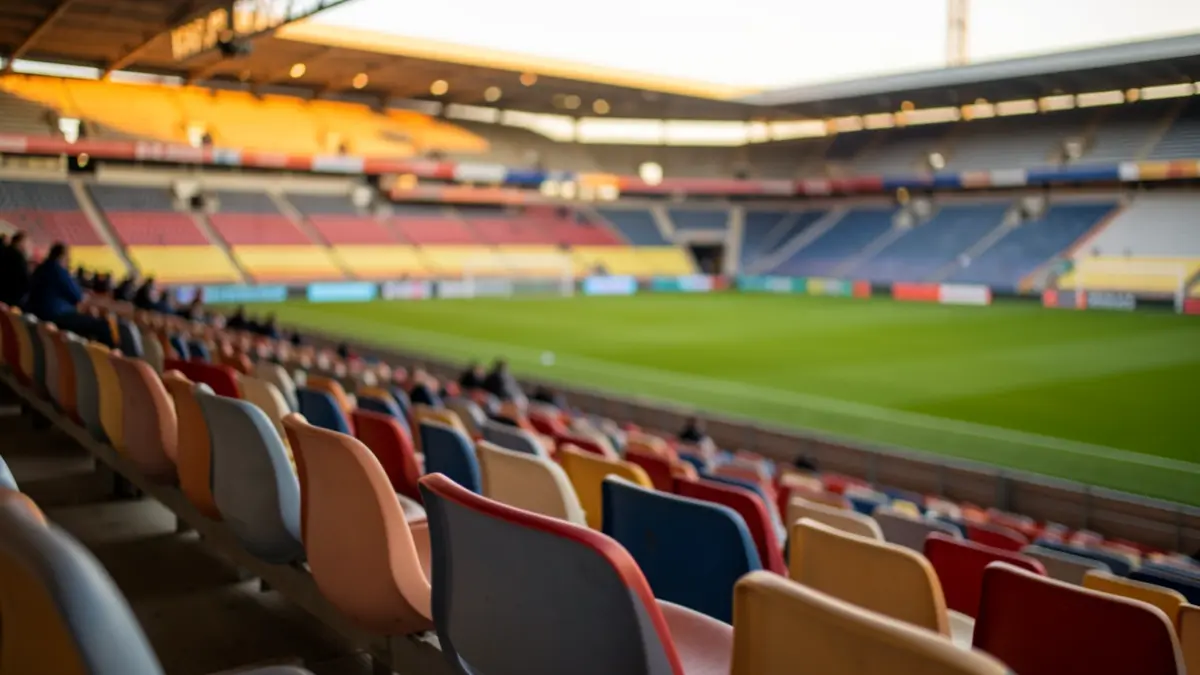 Irudi generikoa: Anoetako futbol zelaiko eserleku hutsak, zelaia lausotuta.