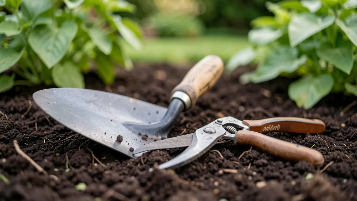 Close-up of gardening tools on dark soil.