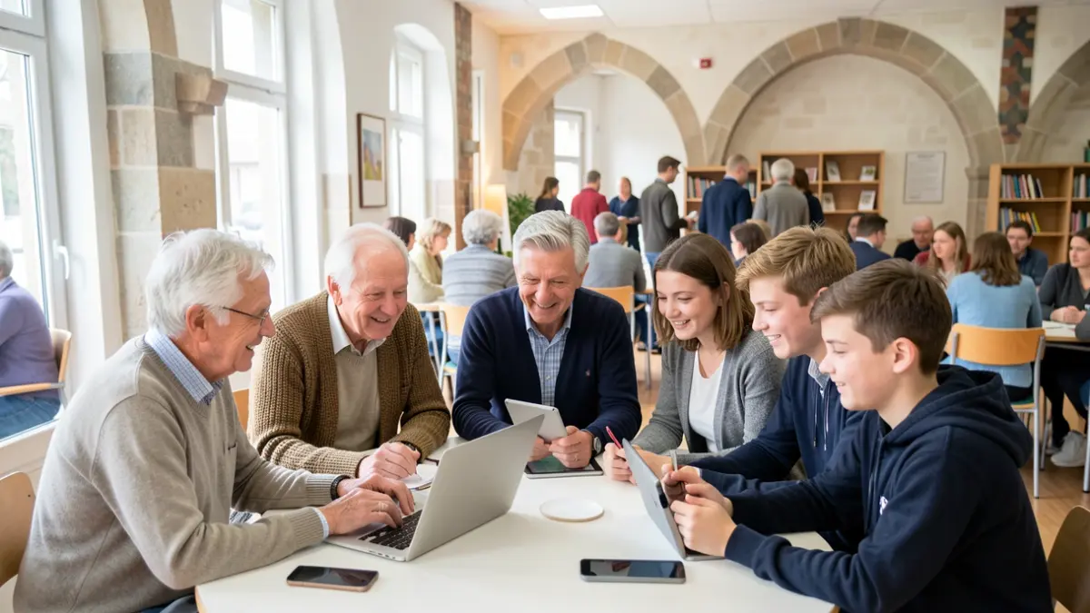 Generic image showing seniors and students interacting in a Basque Country community center.