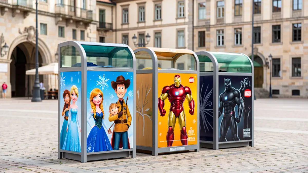 Image of glass recycling bins themed with Disney, Pixar, and Marvel characters in a Bilbao square.
