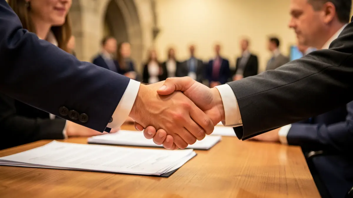 A generic image of two people shaking hands in a warm office environment is provided.