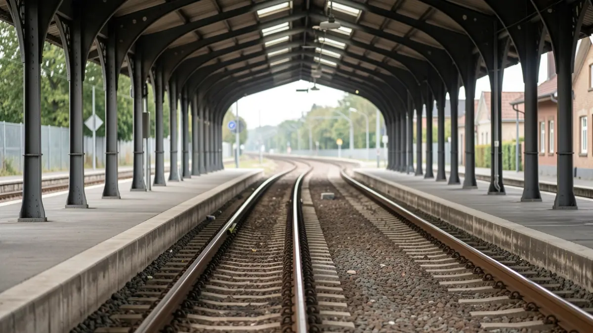 Empty railway platform with steel tracks curving into the distance under a station canopy, soft daylight, no train or text visible, Euskadi architectural style.