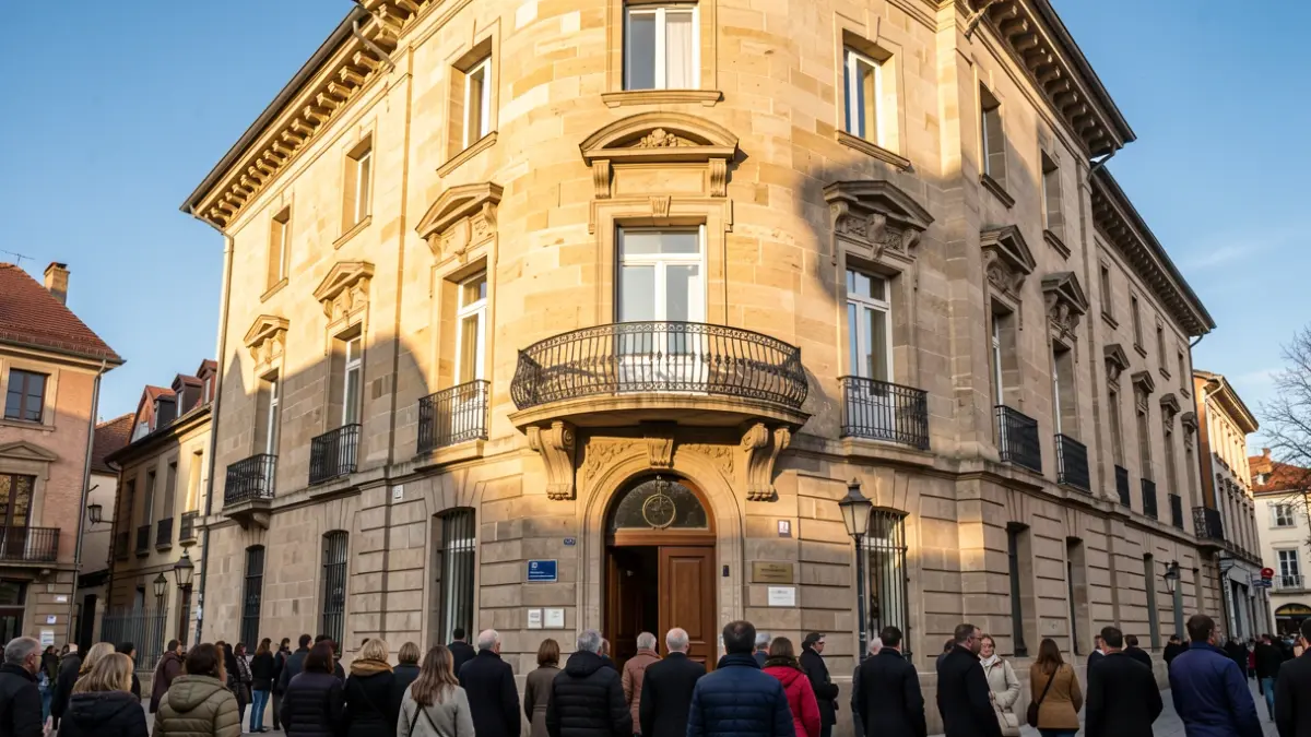 Irudi generikoa: Euskal Herriko udaletxe baten harrizko fatxada balkoi eta burdinsarekin, arratsaldeko eguzkiak itzalak proiektatzen.