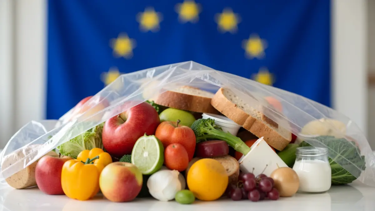 A variety of food items covered by a blurred EU flag.