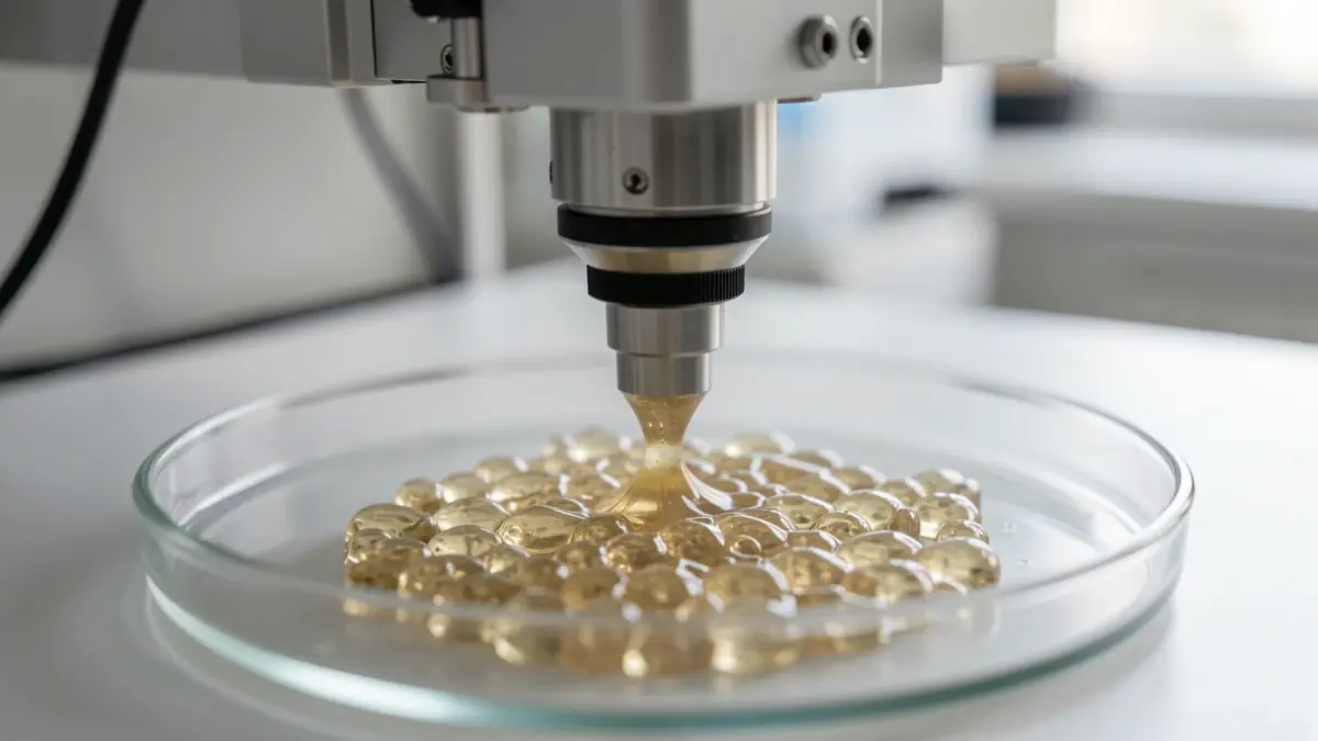 Close-up of a 3D bioprinter nozzle depositing a gel-like substance in a petri dish, creating intricate cellular structures. Soft, diffused laboratory lighting. Focus on the precision of the printing process.