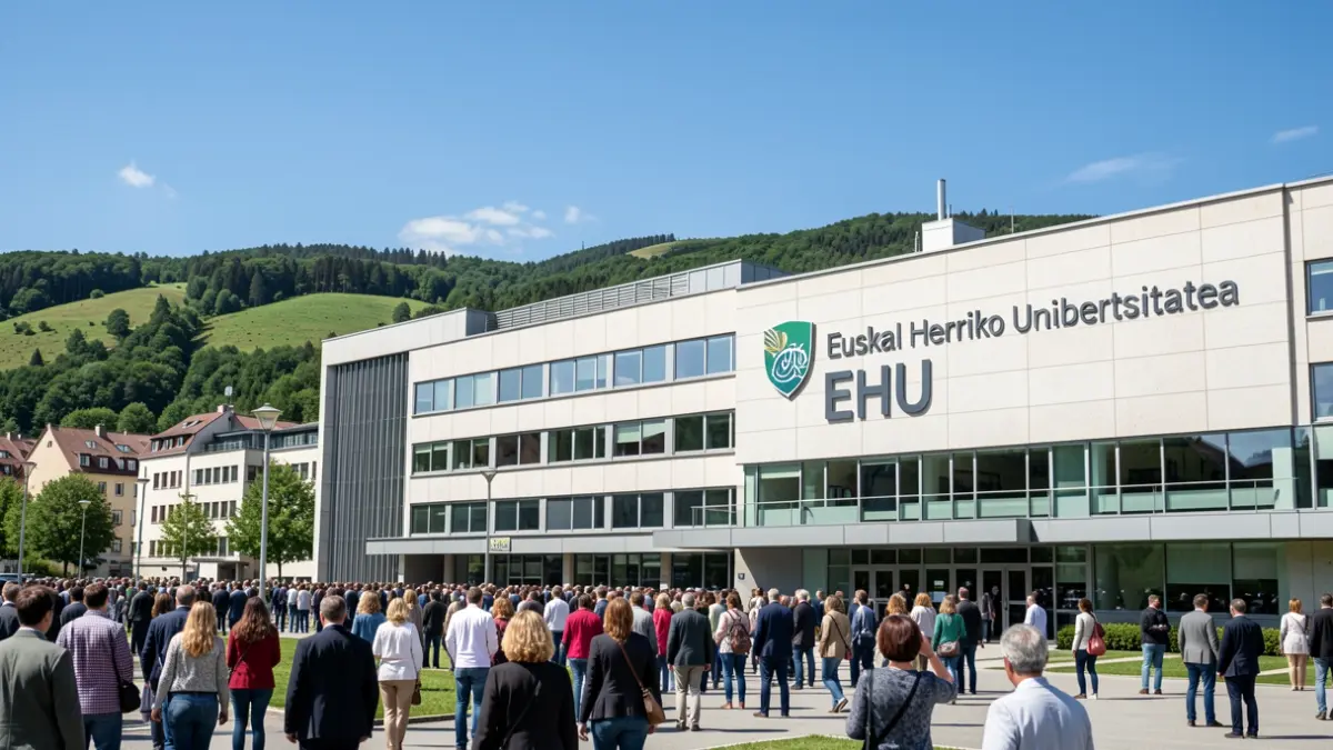 Facade of a Basque Country University (EHU) building with modern architecture, green hills and blue sky in the background, bright daylight, documentary photography style.