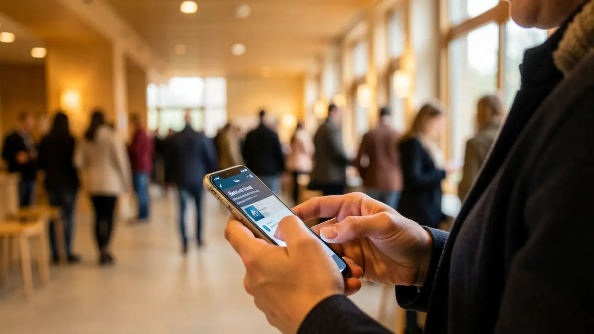 Generic image: hands using a smartphone with a modern community center in the background.