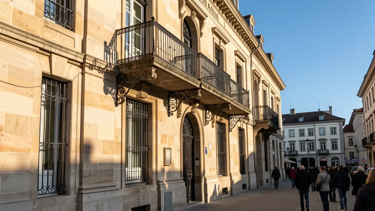 Imagen genérica de la fachada de piedra de un ayuntamiento de Euskadi con balcón y barandillas de hierro, luz cálida de la tarde.