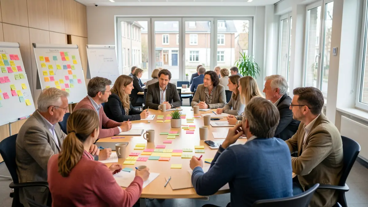 Imagen genérica: Sala de reuniones moderna del ayuntamiento de Eibar, con diversas personas reunidas alrededor de una mesa, compartiendo y discutiendo ideas, con notas de colores y rotafolios visibles.