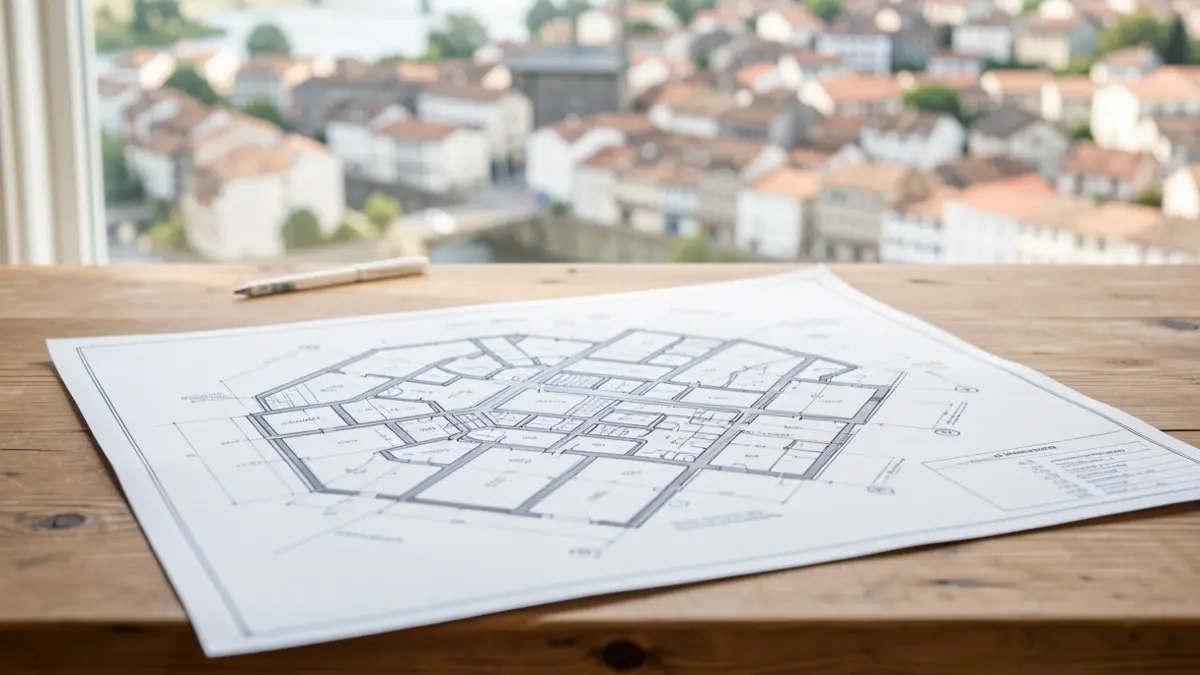 Urban planning blueprints on a table.
