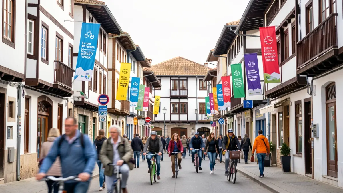 Generic image of a street scene in Eibar during Mobility Week, with people walking and cycling.