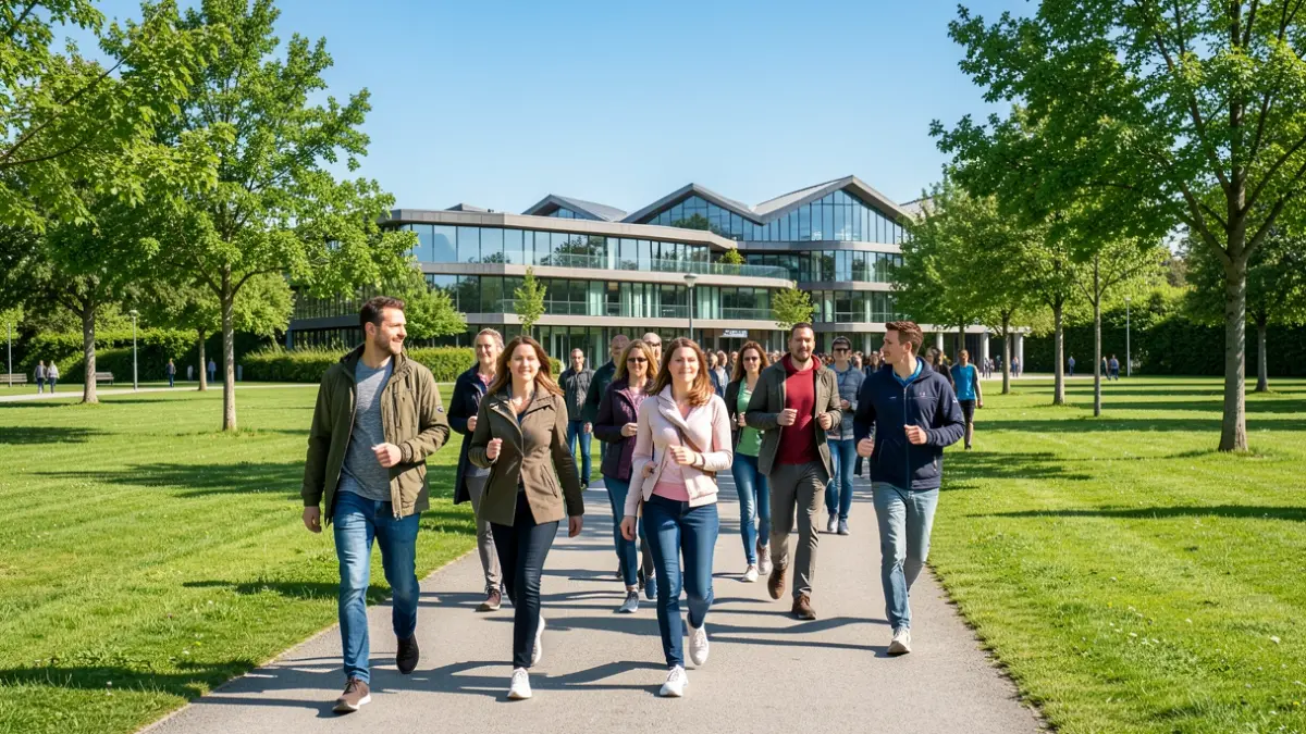 Imagen genérica: Un grupo de personas caminando en un parque de Eibar, con arquitectura moderna al fondo.