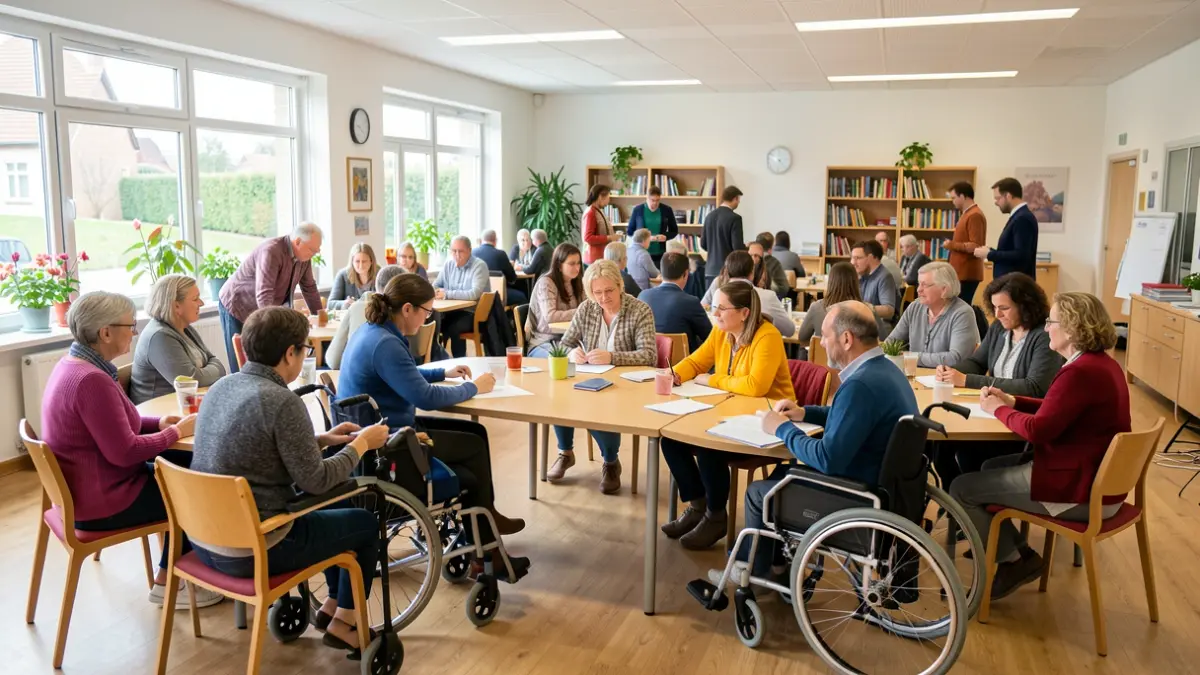Generic image: Diverse people participating in a workshop in a community center in Elgoibar, using assistive devices.