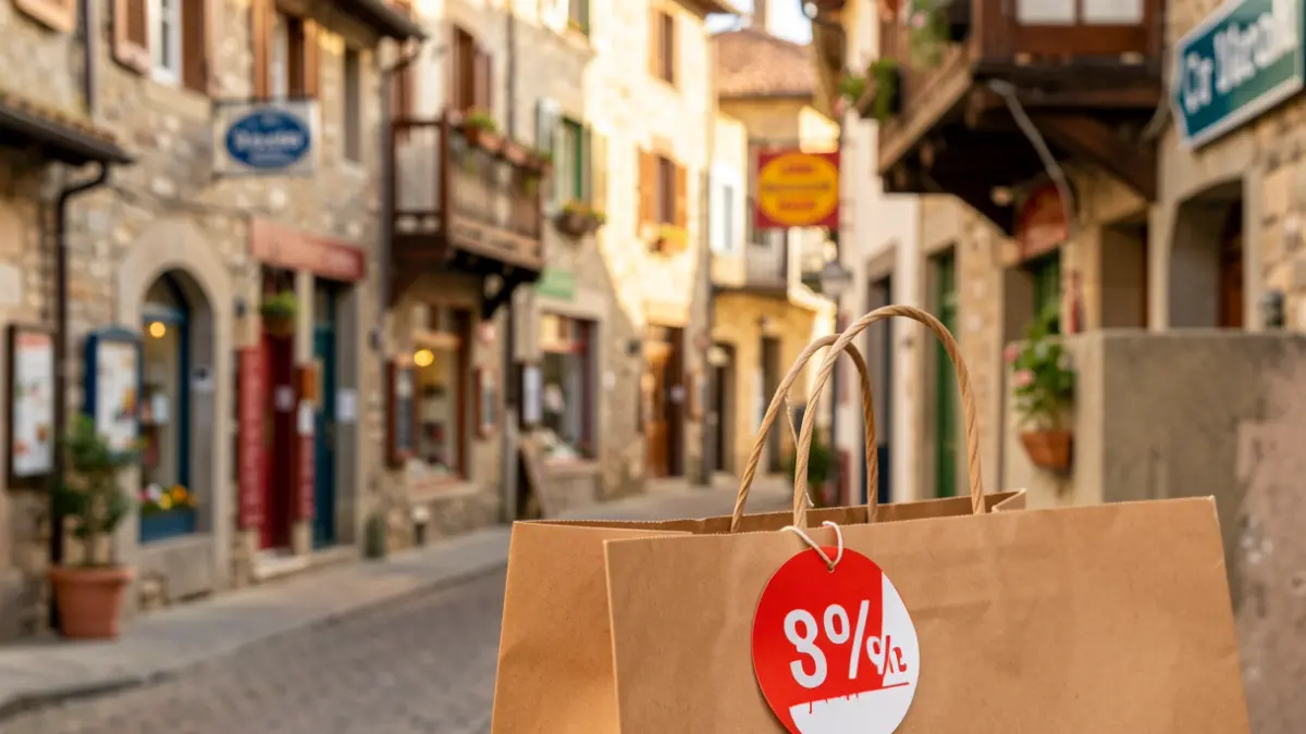 Generic image of a shopping bag with a discount sticker, background of a typical Elgoibar town street with traditional stone architecture and colorful shop signs, warm afternoon light.