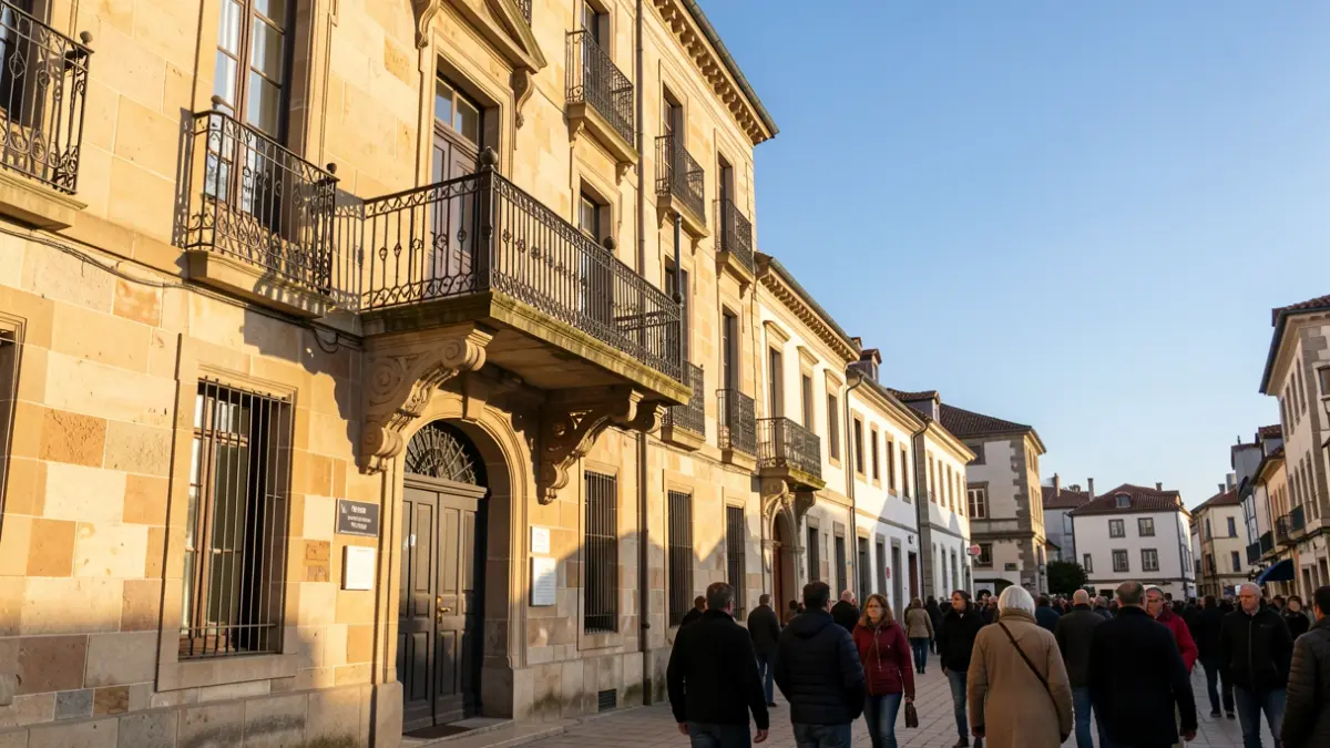 Stone facade of Elorrio town hall with balcony and iron railings, warm afternoon sunlight.