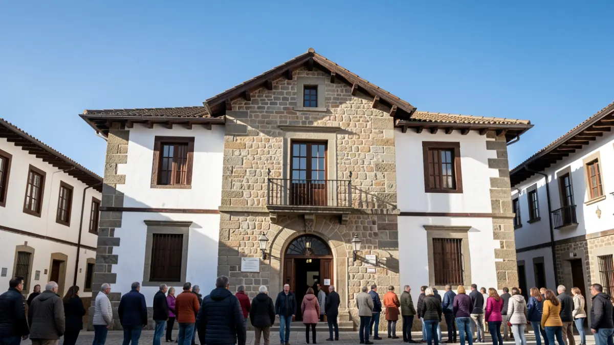 Generic image: Traditional stone facade of the Elorrio town hall, with white walls and dark wood details, under a clear blue sky.