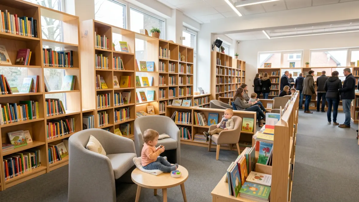 Image of the bright and colorful children's section of the Elorrio library, with books on shelves and seating for young children.