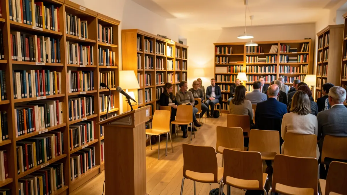 Generic image of a library interior with books and empty chairs.