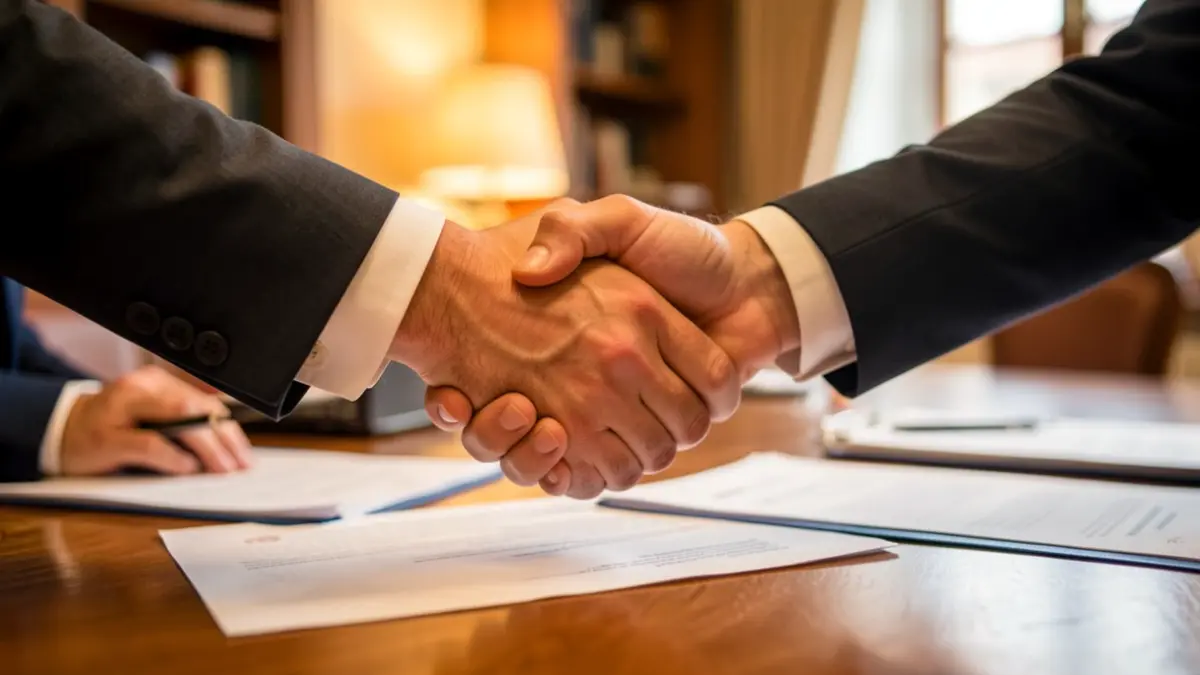 Generic image of two hands shaking in a warm-lit office environment.