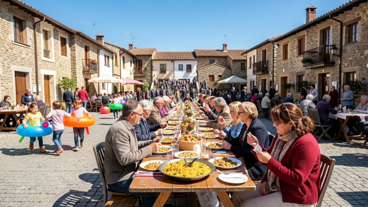 Generic image: A community meal in the square of Errekalde neighborhood, with tables set, children playing, and adults engaged in card games.