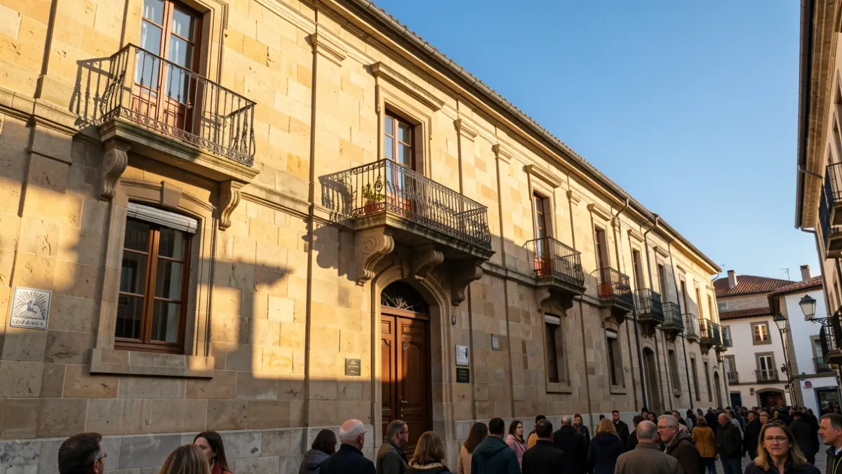 Euskal Herriko udaletxe baten harrizko fatxada, balkoi apaingarri eta burdin hesiekin. Arratsaldeko eguzkiak itzal luzeak proiektatzen ditu hareharrizko hormetan. Zeru urdin argia gainean. Dokumental estiloko argazkia.