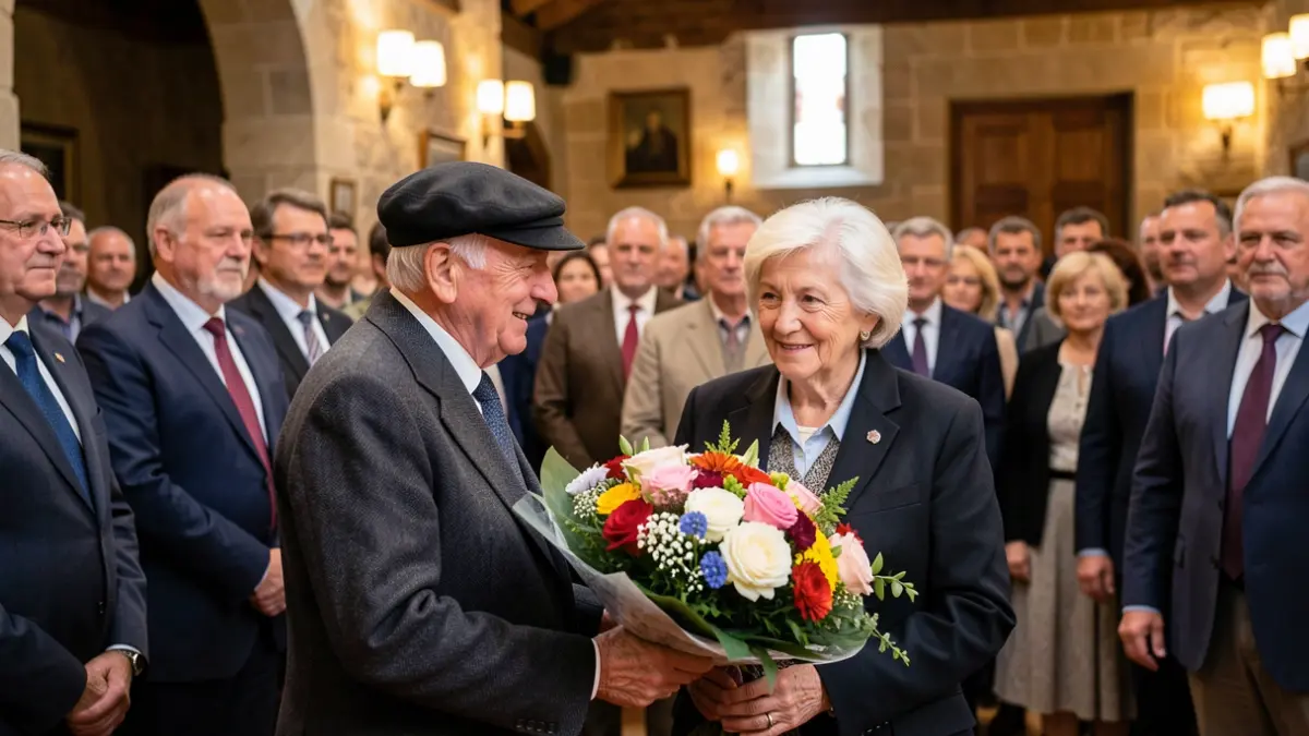 Image from the Eskoriatza seniors' tribute, showing the honored individuals receiving flowers and a cap.
