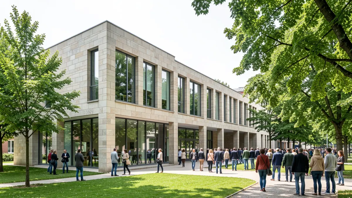 Vista exterior de la Escuela de Arquitectura de San Sebastián, un edificio moderno con fachada de piedra y grandes ventanales, situado en un campus verde.