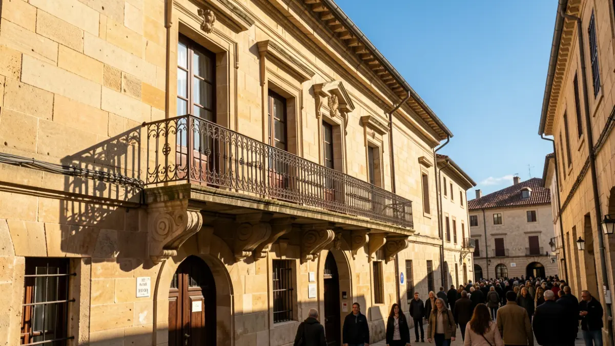 Generic image of a stone town hall facade with a balcony and iron railings, with warm afternoon sunlight.