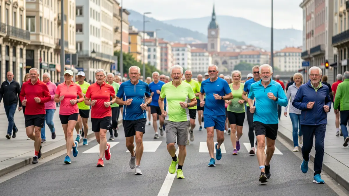 Generic image: A group of senior citizens on a circuit in Bilbao, some walking and some running, with blurred city landmarks in the background.