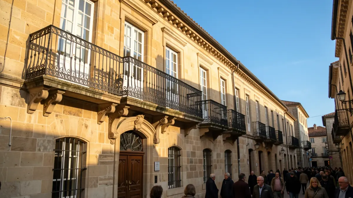 Generic image: Stone facade of the Amorebieta-Etxano town hall with ornate balcony and railings, warm afternoon sunlight.