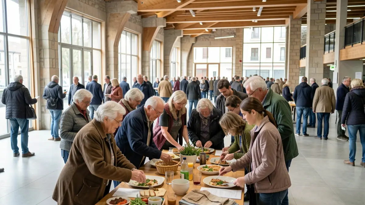 Generic image: elderly people and younger individuals collaborating on a community project in a bright space with Basque architectural elements.