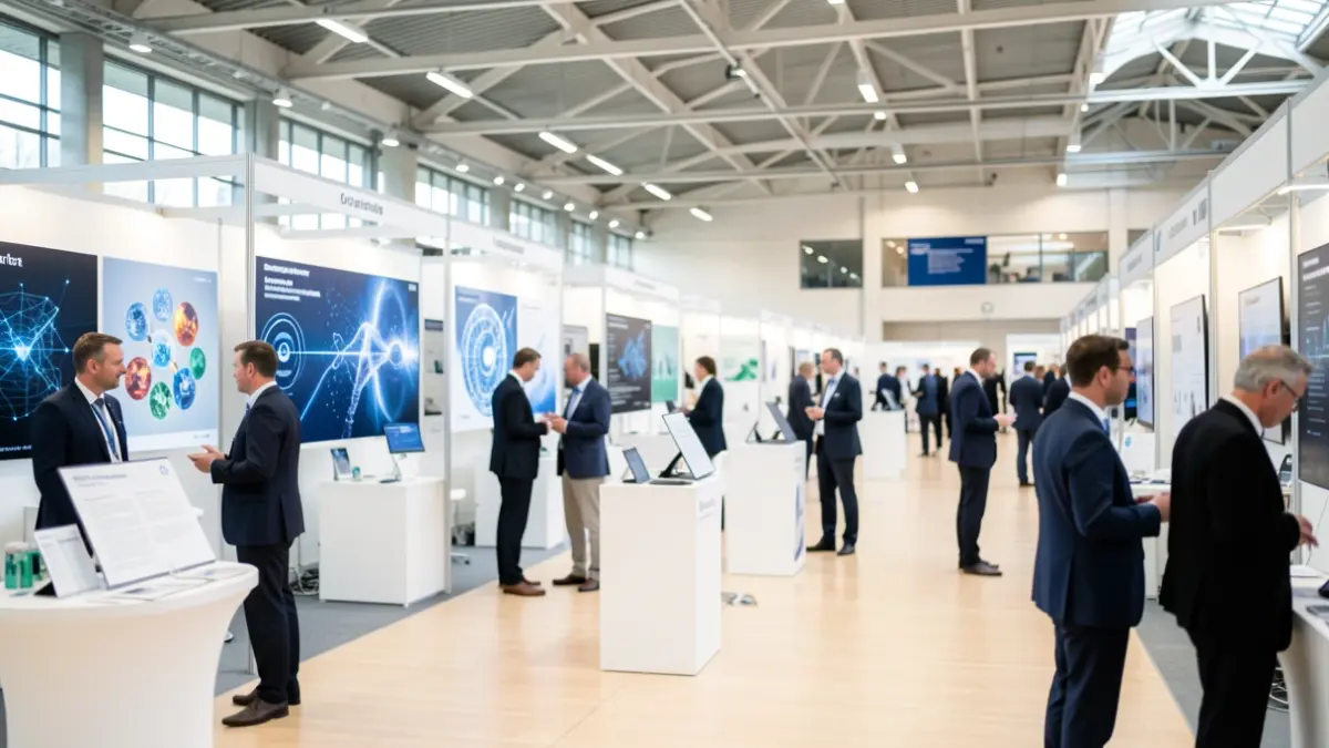 Imagen genérica: Moderno pabellón de exposiciones en Bilbao con stands mostrando innovaciones biotecnológicas.