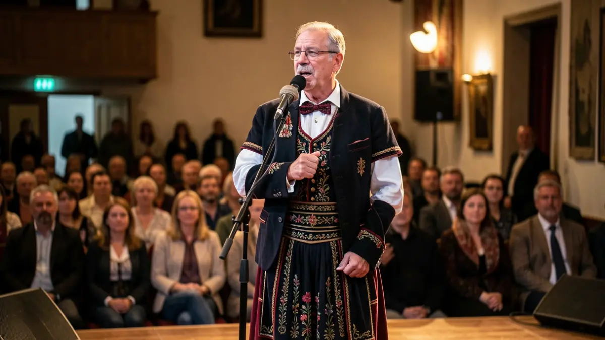 A bertsolari on stage, in the atmosphere of the Basque Country Championship.