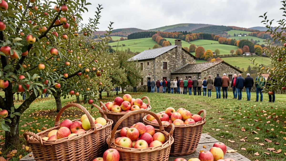 Generic image of apple harvest in Basque Country orchards, with traditional farmhouses and landscape.