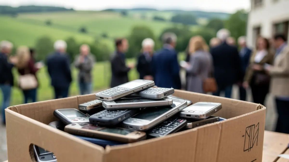 Primer plano de una caja de recogida con teléfonos móviles antiguos, con un paisaje vasco borroso al fondo.
