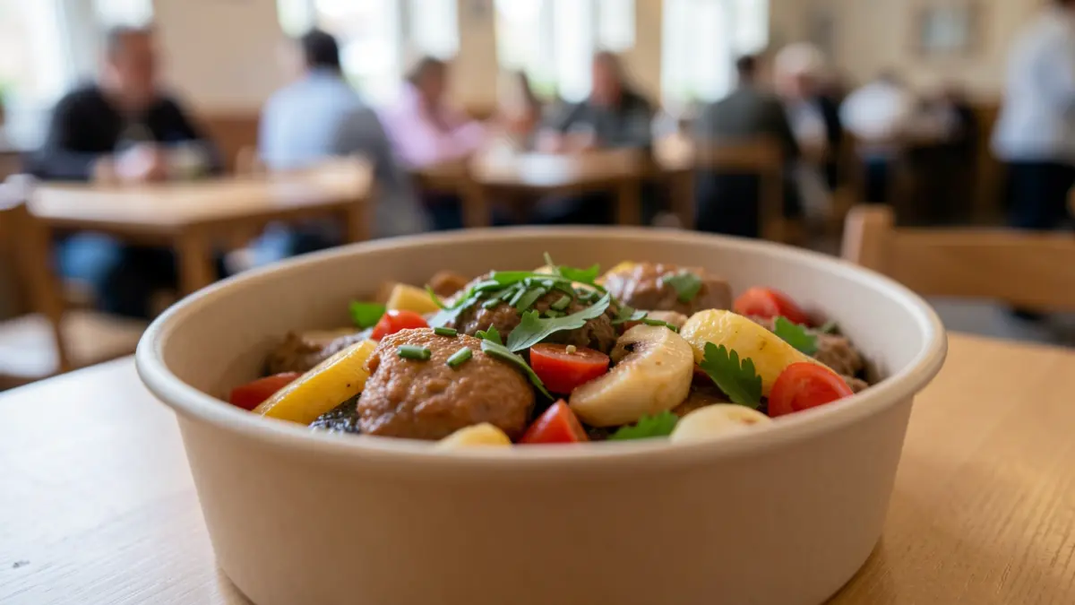 Close-up image of a prepared meal in a neutral container, ready for collection, with a blurred background suggesting a restaurant or community center setting.